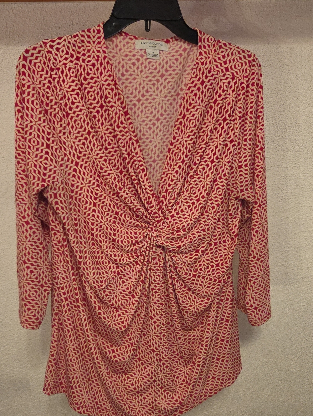 Liz Claiborne Pink Geometric Twist-Front Long Sleeve Top
